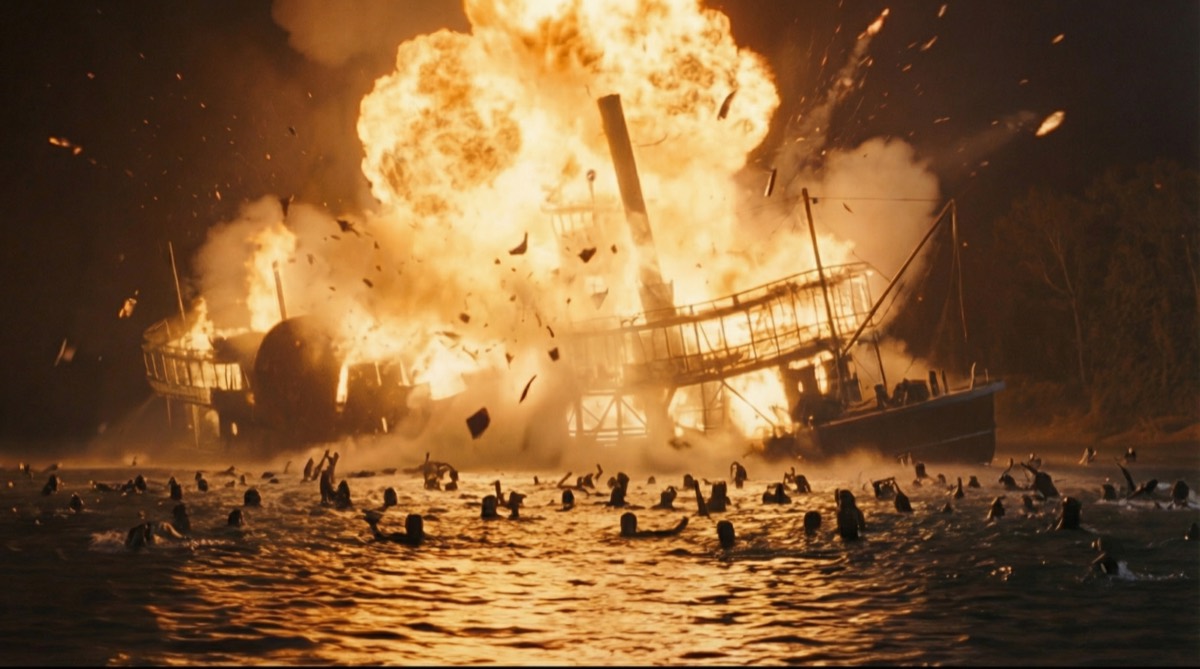 The Sultana's boilers explode in a fireball over the river