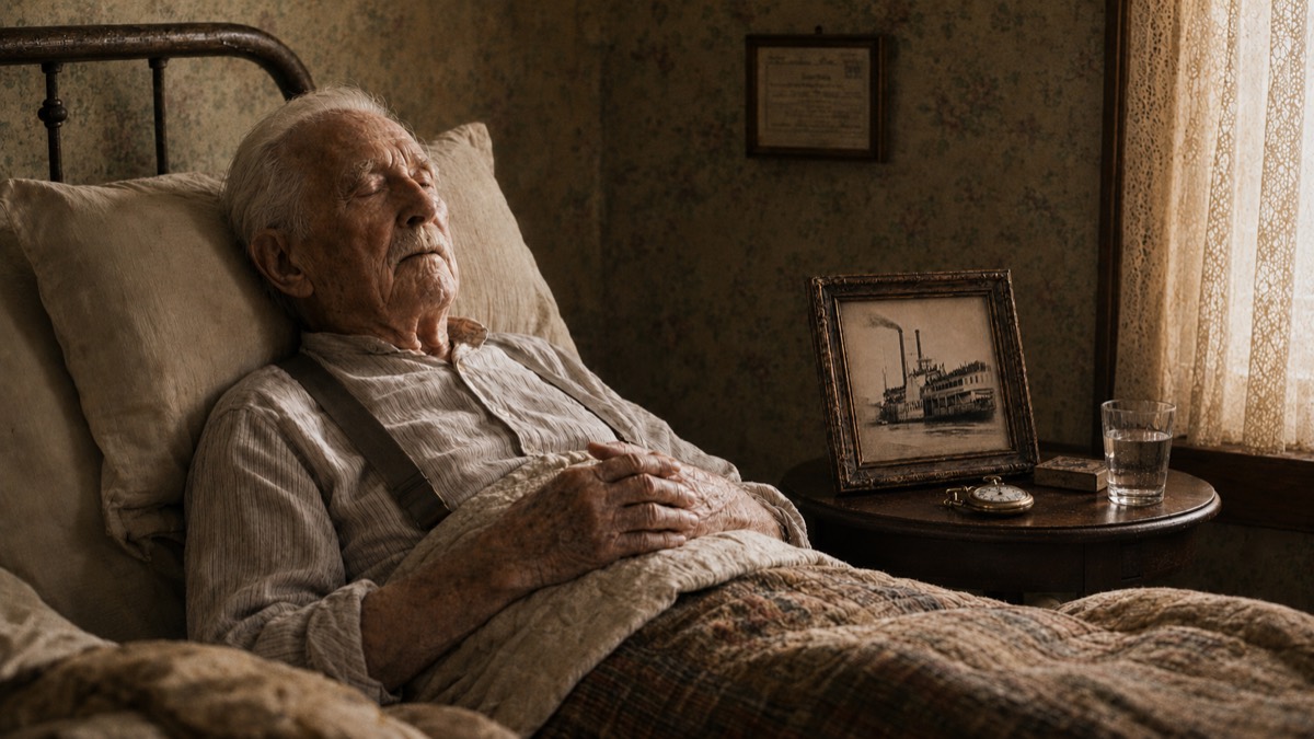 An elderly Sultana survivor beside a framed photograph of the steamboat