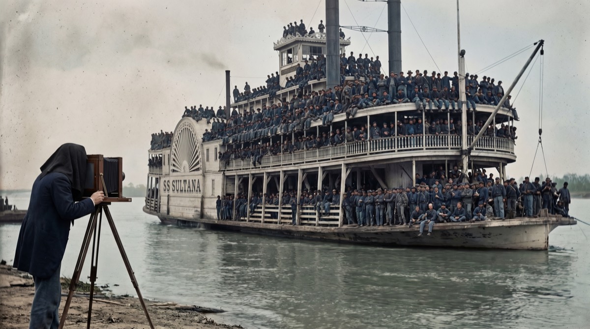 The overloaded Sultana photographed the day before it sank, decks packed with returning soldiers